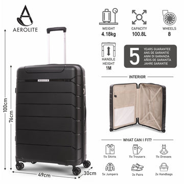 Aerolite Large 28in (100L) Lightweight Polypropylene Hard Shell Check-In Luggage Suitcase, 4 Dual Spinner Wheels, TSA Lock, Waterproof Pocket, Premium Travel Case - Black